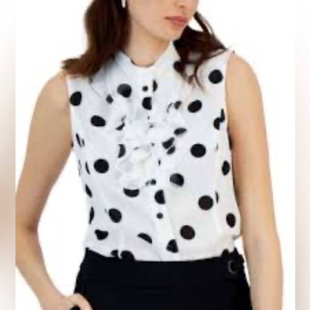 Kasper Black and White Polka Dot Ruffle Blouse